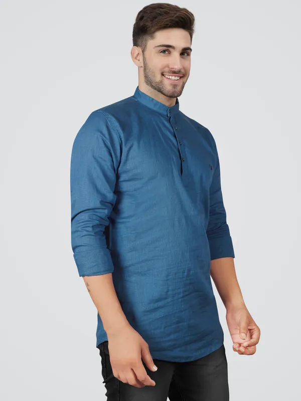 Men's_Blue_Cotton_Full_Sleeve_Short_Kurta_Shirt_with_Mandarin_Collar