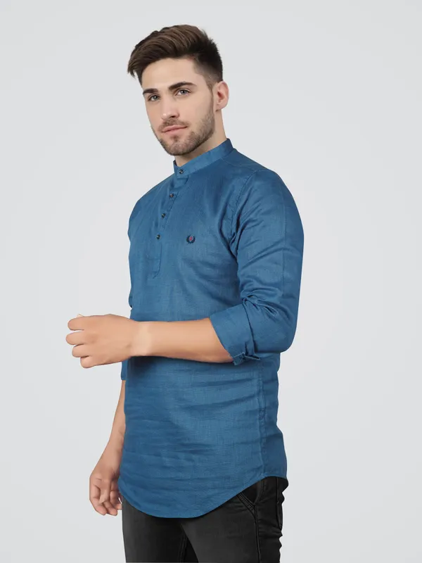 Men's_Blue_Cotton_Full_Sleeve_Short_Kurta_Shirt_with_Mandarin_Collar