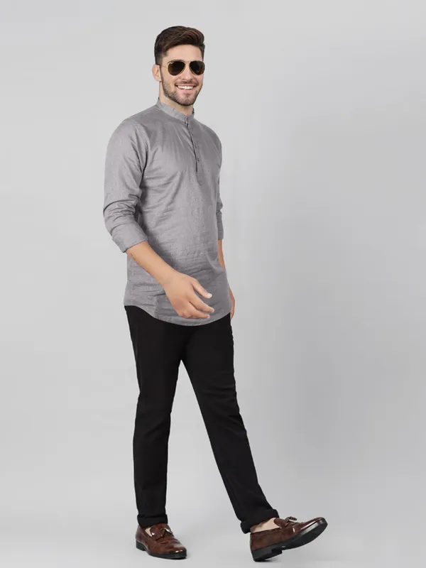 Men's_Grey_Cotton_Full_Sleeve_Short_Kurta_Shirt_with_Mandarin_Collar