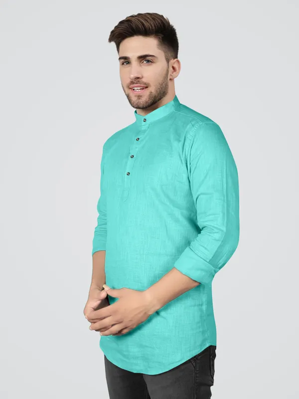 Men's_Blue_Cotton_Full_Sleeve_Short_Kurta_Shirt_with_Mandarin_Collar