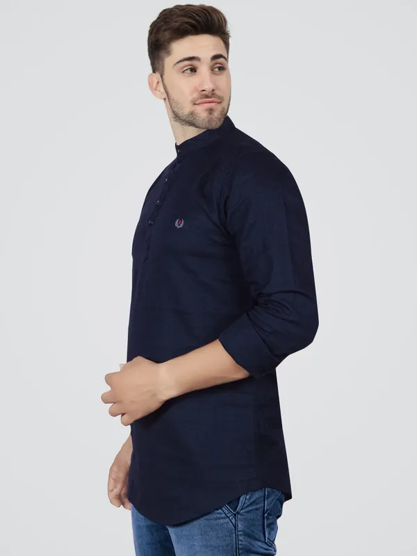 Men's_Navy_Cotton_Full_Sleeve_Short_Kurta_Shirt_with_Mandarin_Collar