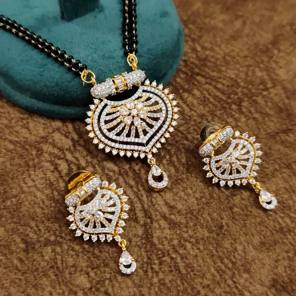 American_Diamond_Mangalsutra_Set_|_Bold_Gold-Plated_Pendant_&_Earrings