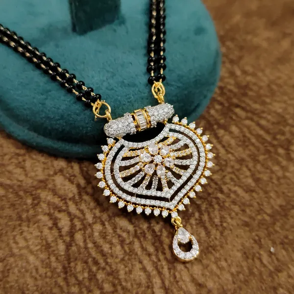 American_Diamond_Mangalsutra_Set_|_Bold_Gold-Plated_Pendant_&_Earrings