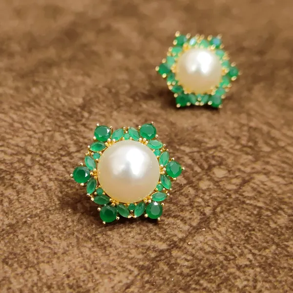 Emerald_Green_Floral_Pearl_Stud_Earrings_–_Elegant_Designer_Artificial_Jewellery_