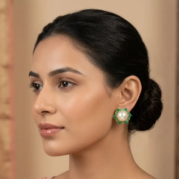 Emerald_Green_Floral_Pearl_Stud_Earrings_–_Elegant_Designer_Artificial_Jewellery_
