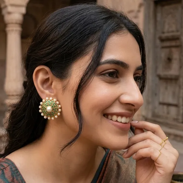 Emerald_Green_Pearl_Floral_Stud_Earrings_–_Traditional_Designer_Artificial_Jewellery