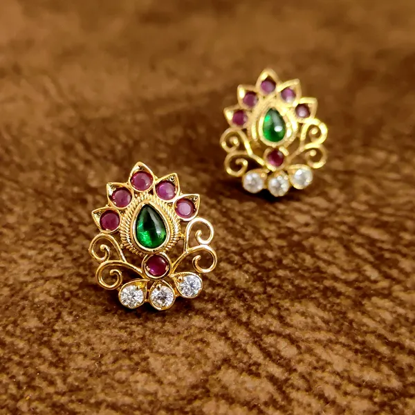 Emerald_Ruby_CZ_Gold_Stud_Earrings_|_Temple_Jewellery_Studs_for_Women
