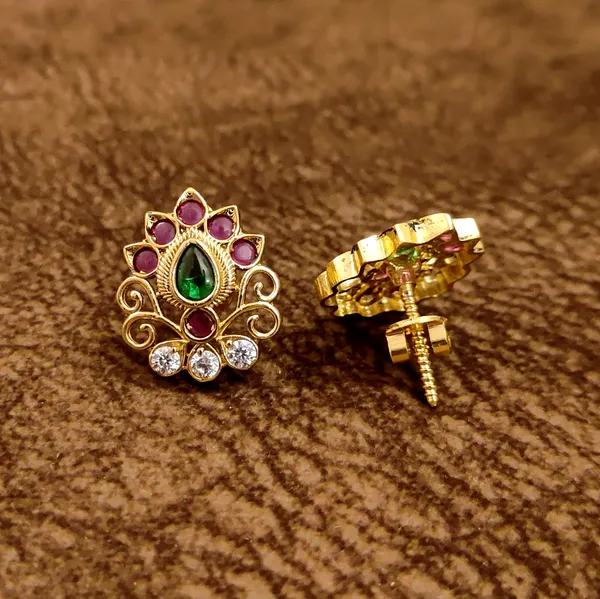 Emerald_Ruby_CZ_Gold_Stud_Earrings_|_Temple_Jewellery_Studs_for_Women