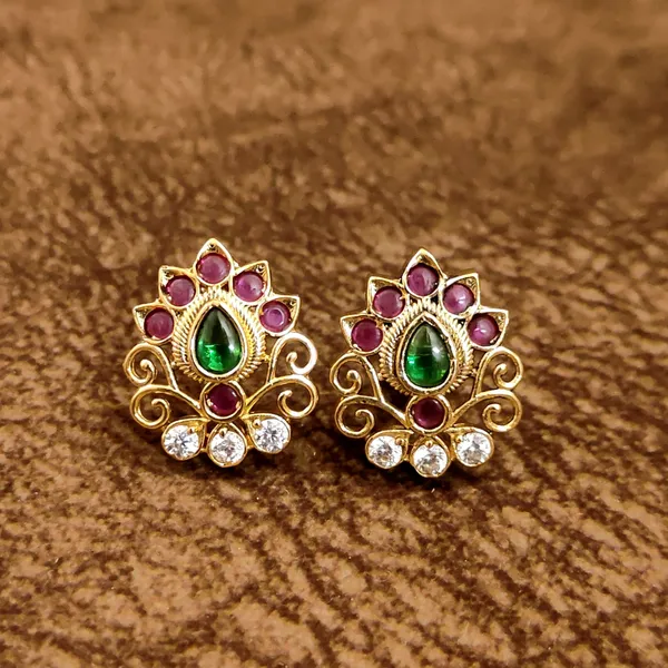 Emerald_Ruby_CZ_Gold_Stud_Earrings_|_Temple_Jewellery_Studs_for_Women