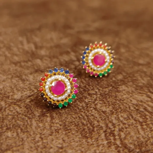 Navratna_Halo_Pearl_Stud_Earrings_–_Multicolor_Designer_Imitation_Jewellery