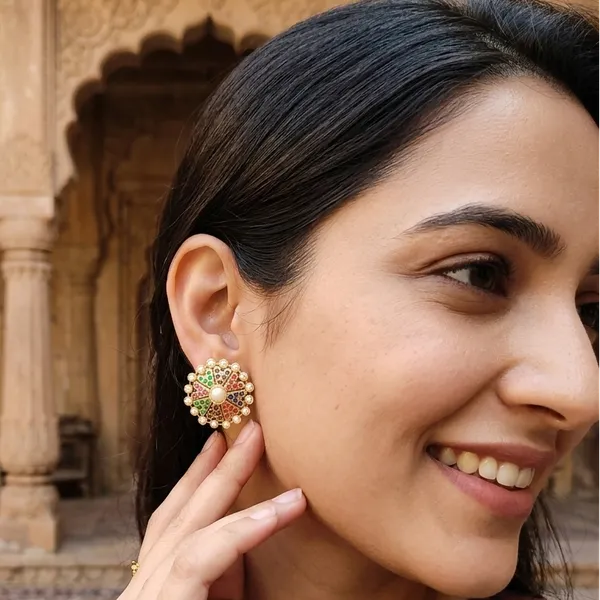 Navratna_Pearl_Floral_Stud_Earrings_–_Multicolor_Traditional_Designer_Artificial_Jewellery