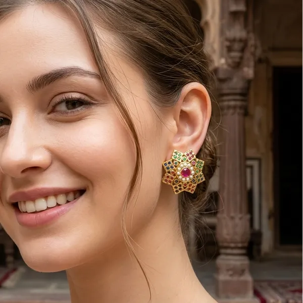 Navratna_Star_Floral_Stud_Earrings_–_Ruby_Center_Multicolor_Designer_Artificial_Jewellery