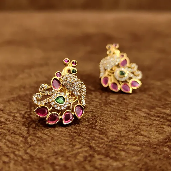 Peacock_Ruby_Emerald_CZ_Gold_Stud_Earrings_|_Temple_Jewellery
