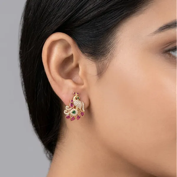 Peacock_Ruby_Emerald_CZ_Gold_Stud_Earrings_|_Temple_Jewellery