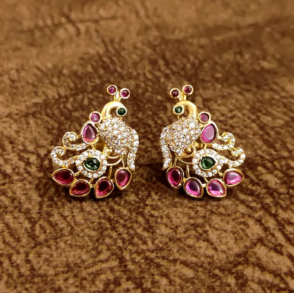 Peacock_Ruby_Emerald_CZ_Gold_Stud_Earrings_|_Temple_Jewellery