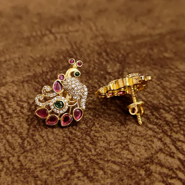 Peacock_Ruby_Emerald_CZ_Gold_Stud_Earrings_|_Temple_Jewellery