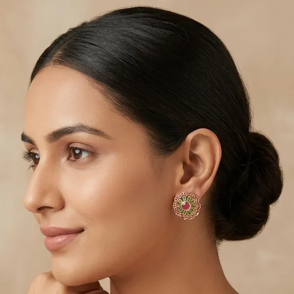 Ruby_Floral_Stud_Earrings_with_Emerald_Green_Stones_–_Designer_Artificial_Jewellery_