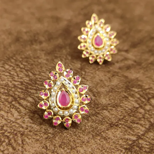 Ruby_Pear_Sunburst_Stud_Earrings_with_Pearl_Halo_–_Temple_Style_Artificial_Jewellery_