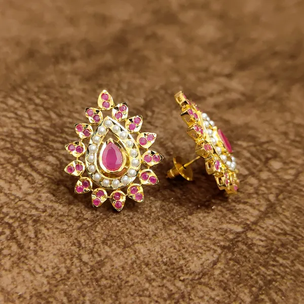 Ruby_Pear_Sunburst_Stud_Earrings_with_Pearl_Halo_–_Temple_Style_Artificial_Jewellery_