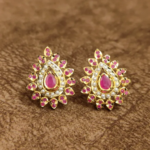 Ruby_Pear_Sunburst_Stud_Earrings_with_Pearl_Halo_–_Temple_Style_Artificial_Jewellery_