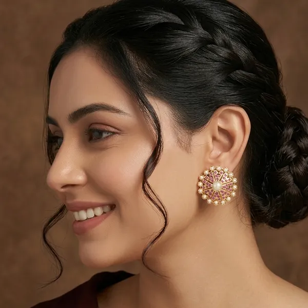 Ruby_Pearl_Floral_Stud_Earrings_–_Traditional_Designer_Artificial_Jewellery