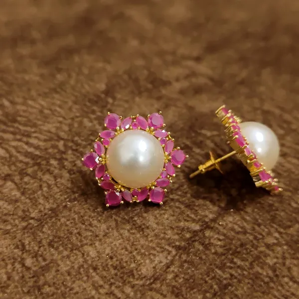 Ruby_Pink_Floral_Pearl_Stud_Earrings_–_Elegant_Designer_Artificial_Jewellery_