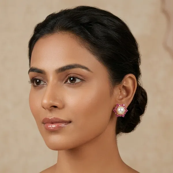 Ruby_Pink_Floral_Pearl_Stud_Earrings_–_Elegant_Designer_Artificial_Jewellery_