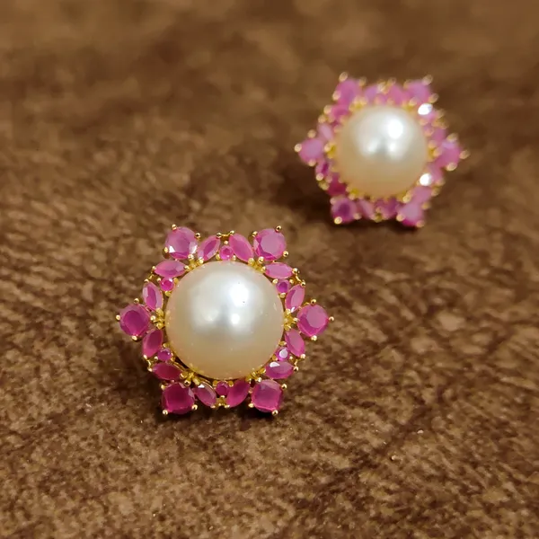 Ruby_Pink_Floral_Pearl_Stud_Earrings_–_Elegant_Designer_Artificial_Jewellery_