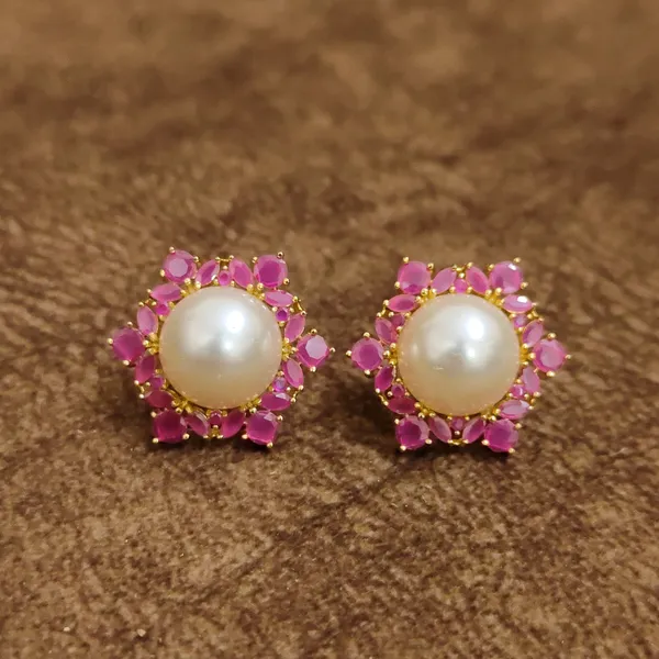 Ruby_Pink_Floral_Pearl_Stud_Earrings_–_Elegant_Designer_Artificial_Jewellery_