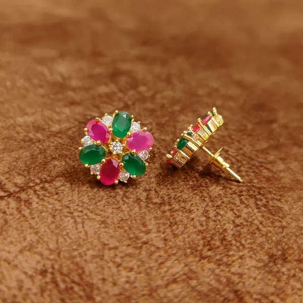 Ruby_Pink_&_Emerald_Green_Floral_Stud_Earrings_with_Crystal_Accents_–_Designer_Imitation_Jewellery_