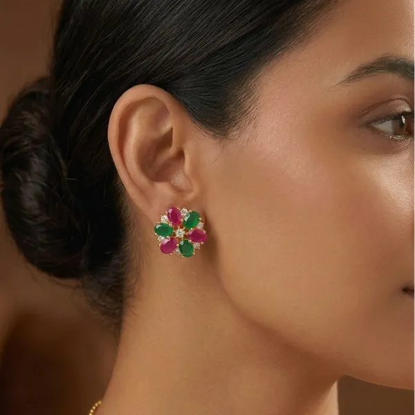 Ruby_Pink_&_Emerald_Green_Floral_Stud_Earrings_with_Crystal_Accents_–_Designer_Imitation_Jewellery_