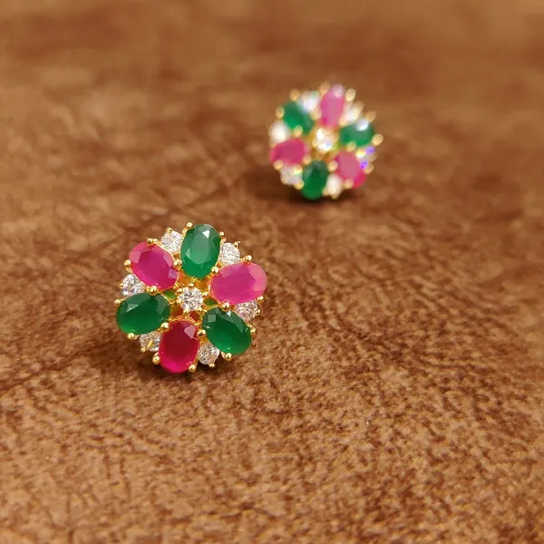 Ruby_Pink_&_Emerald_Green_Floral_Stud_Earrings_with_Crystal_Accents_–_Designer_Imitation_Jewellery_