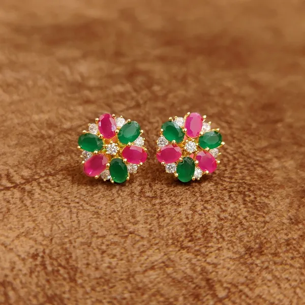 Ruby_Pink_&_Emerald_Green_Floral_Stud_Earrings_with_Crystal_Accents_–_Designer_Imitation_Jewellery_