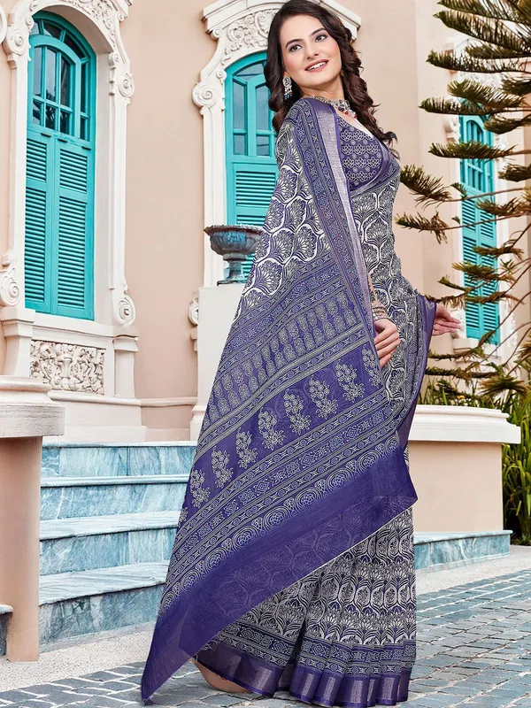 Blue_Linen_Digital_Print_Sari_With_Unstitched_Blouse_Piece
