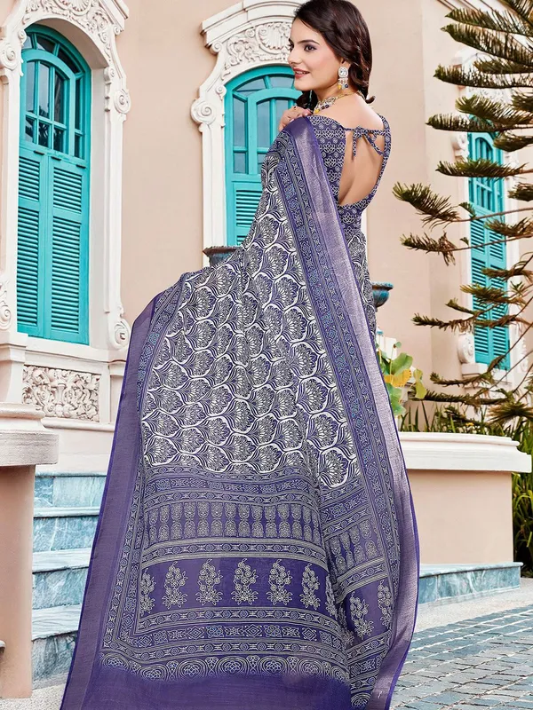 Blue_Linen_Digital_Print_Sari_With_Unstitched_Blouse_Piece
