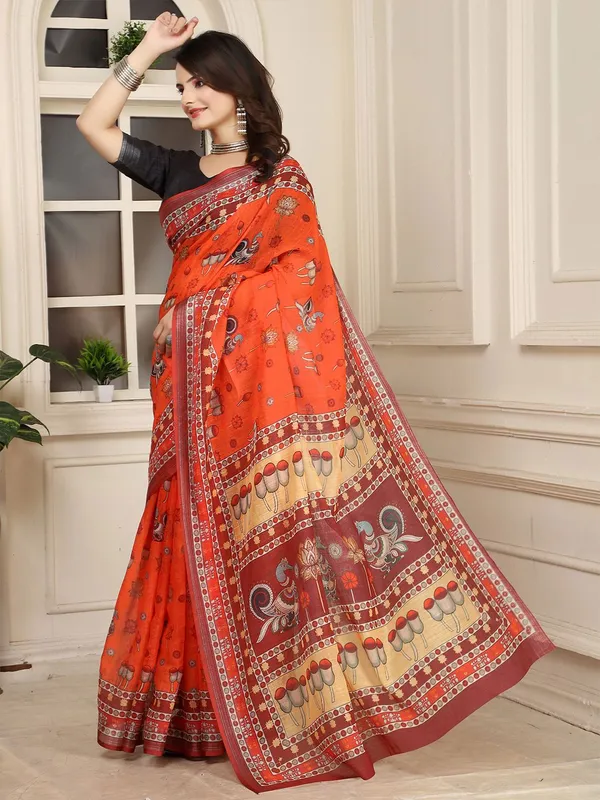 Orange__Linen_Kalamkari__Digital_Print_Saree_with_Unstitched_Blouse_Piece