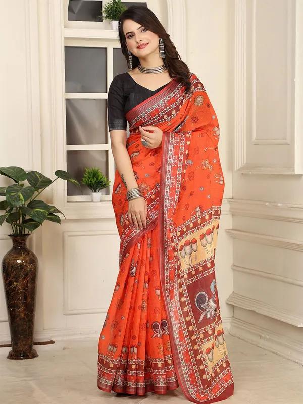 Orange__Linen_Kalamkari__Digital_Print_Saree_with_Unstitched_Blouse_Piece