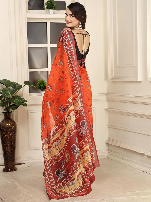 Orange__Linen_Kalamkari__Digital_Print_Saree_with_Unstitched_Blouse_Piece