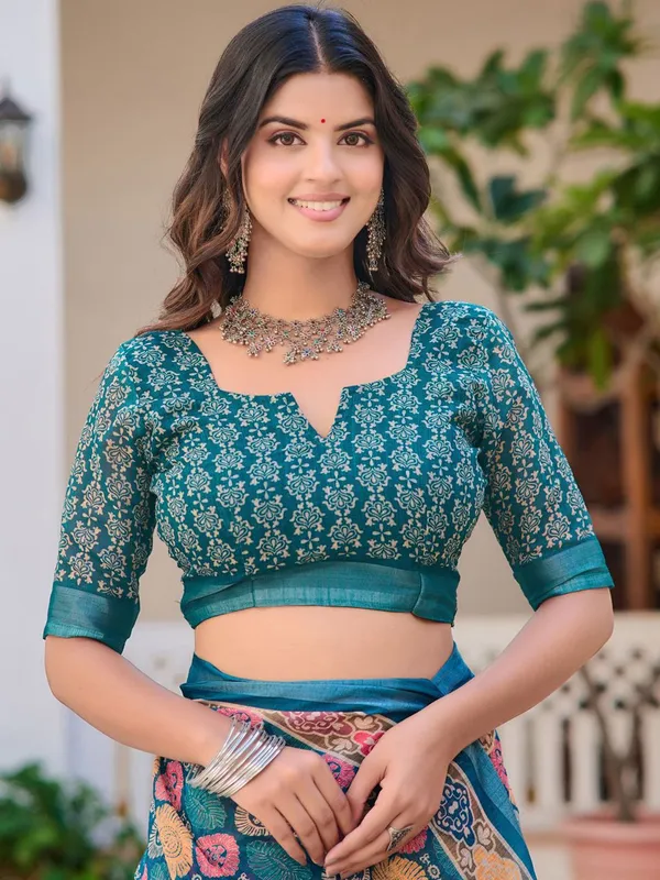 Blue_Linen_Digital_Print_Sari_With_Unstitched_Blouse_Piece