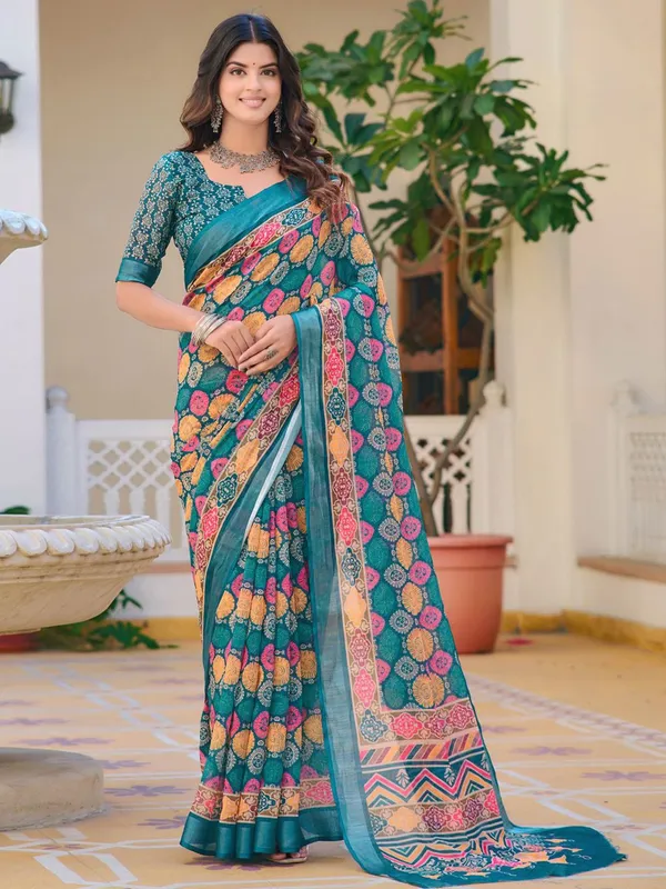 Blue_Linen_Digital_Print_Sari_With_Unstitched_Blouse_Piece