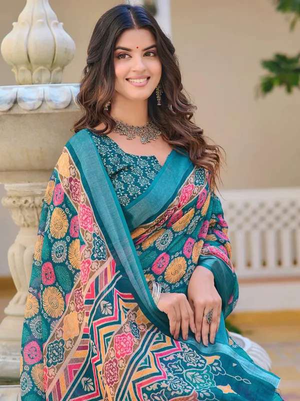Blue_Linen_Digital_Print_Sari_With_Unstitched_Blouse_Piece