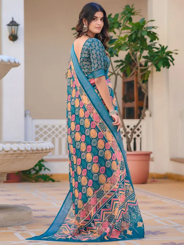 Blue_Linen_Digital_Print_Sari_With_Unstitched_Blouse_Piece