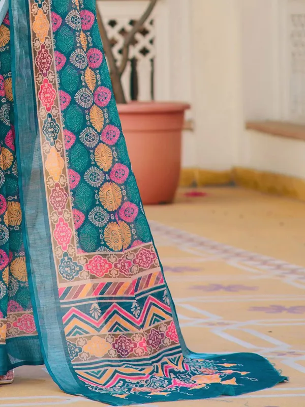Blue_Linen_Digital_Print_Sari_With_Unstitched_Blouse_Piece