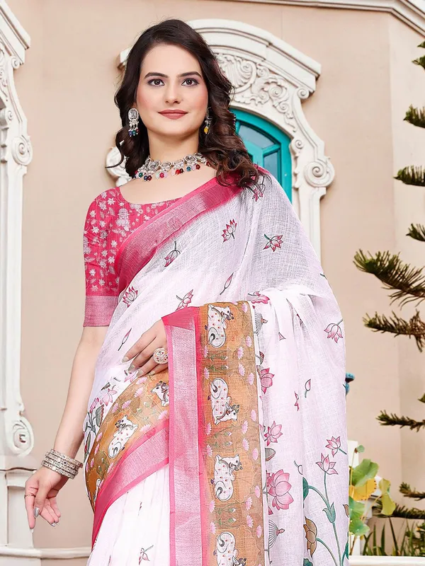 White_Linen_Digital_Print_Sari_With_Unstitched_Blouse_Piece