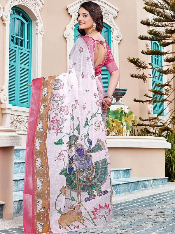 White_Linen_Digital_Print_Sari_With_Unstitched_Blouse_Piece