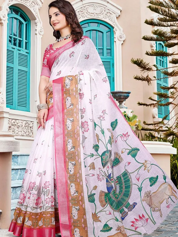 White_Linen_Digital_Print_Sari_With_Unstitched_Blouse_Piece