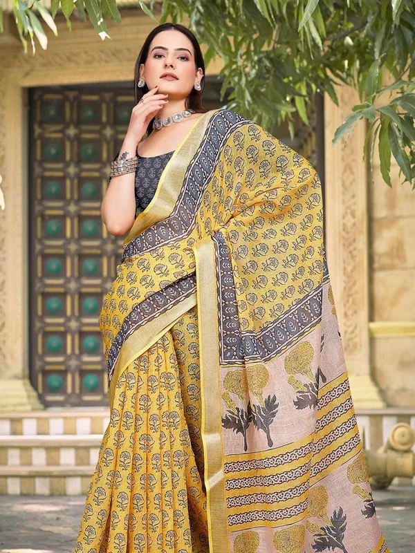 Yellow_Linen_Digital_Print_Saree_With__Unstitched_Blouse_Piece