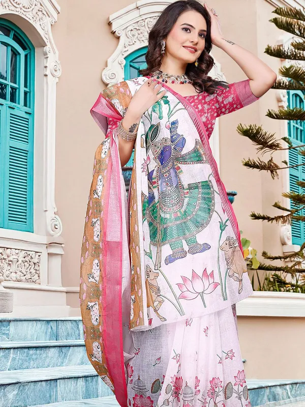 White_Linen_Digital_Print_Sari_With_Unstitched_Blouse_Piece
