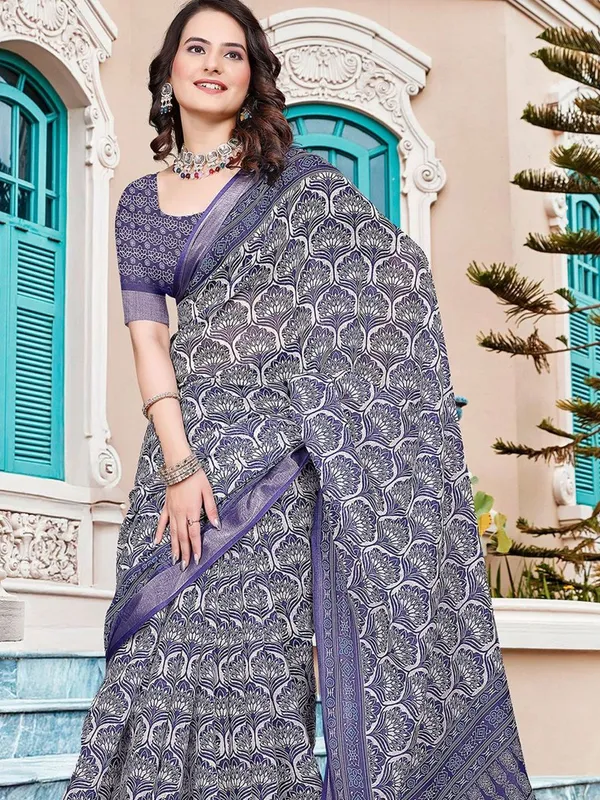 Blue_Linen_Digital_Print_Sari_With_Unstitched_Blouse_Piece