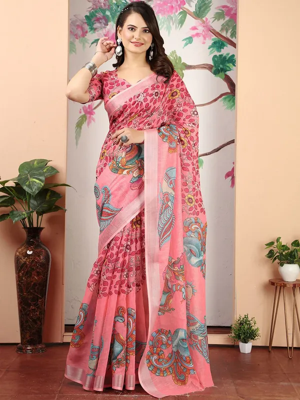 Pink_Linen_Saree_with_Silver_Zari_Border_and_Unstitched_Blouse_Piece